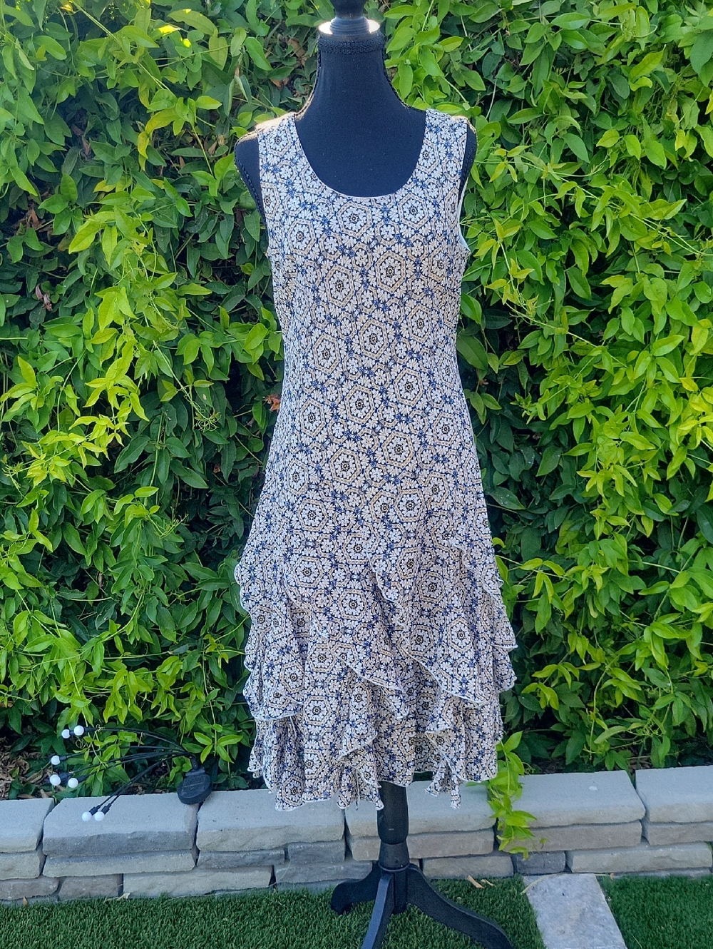 Cream And Blue Sleeveless Tiered Flowy Ruffle Midi Dress